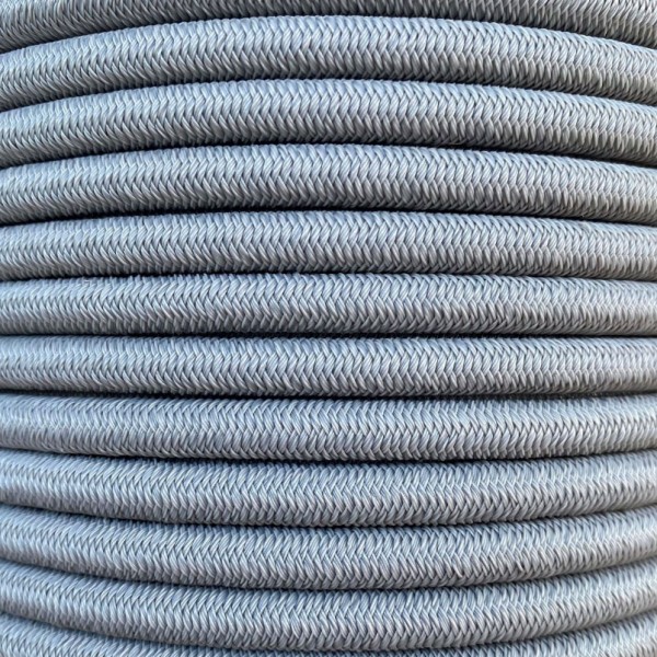 Grey single-strand PE elastic shock cord on 100m spool, side view